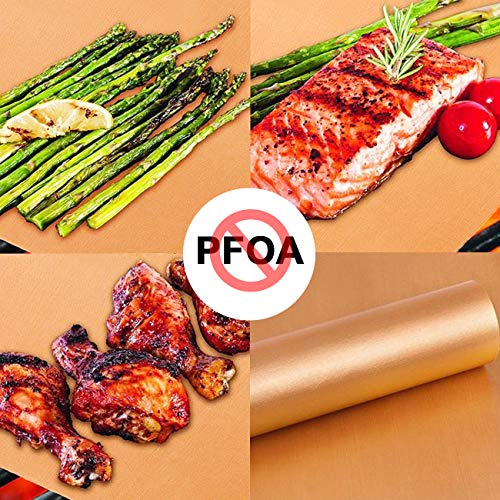 The perseids BBQ Grill Mat 5pcs, 100% Non-Stick Grilling Baking Mats Reusable Easy to Clean w/Silicone Brush & Kitchen Tong, Barbecue Accessories Kit for Gas, Charcoal, Electric Grill Oven in Copper