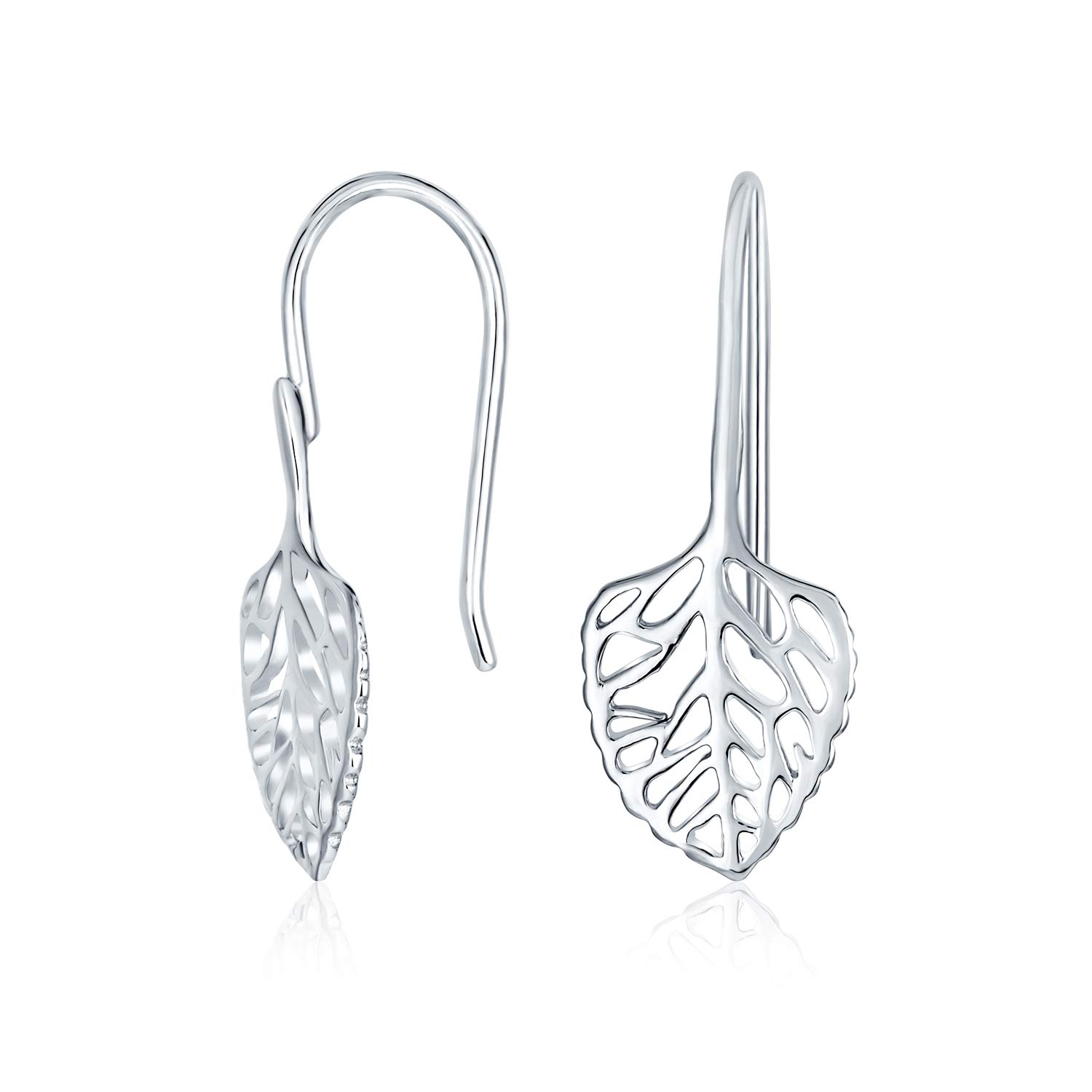 Delicate Small Filigree Polished Cutout Leaf Nature Feather Wire Threader Dangle Earrings Western Jewelry For Women Openwork .925 Sterling Silver