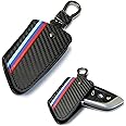 iJDMTOY M-Colored Stripe Black Carbon Fiber Pattern Leather Key Holder with Keychain Compatible With 2016-up BMW X1, 2019-up X4, 2014-up X5, 2015-up X6, 2017-up 5 Series & 2016-up 7 Series Remote Fob