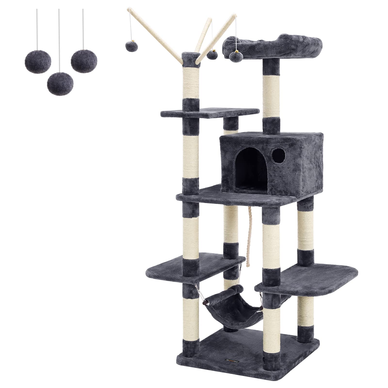 FEANDREA Cat Tree, Cat Condo with Hammock, Cat Tower, Smoky Grey PCT86G