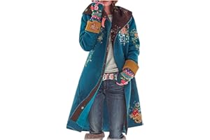 WUAI-Women Winter Trench Coat Boho Printed Lightweight Button Down Long Hooded Jackets Robe Windbreaker Outwear