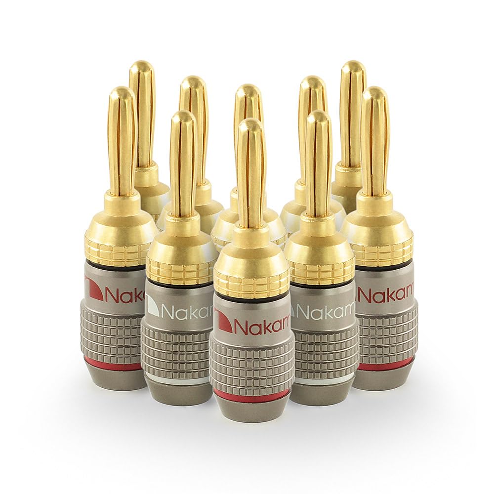 Nakamichi FanLock Excel Series 24k Gold Plated Banana Plug 10 AWG - 18 AWG Gauge Size 4mm for Speakers Amplifier Hi-Fi Stereo Home Theatre Radio Audio Wire Cable Quick Connector 10 Pcs (5-Pairs)