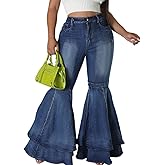 ThusFar Bell Bottom Jeans High Waisted Pleated Layered Ruffle Hem Flared Wide Leg Denim Pants 70s Outfits for Women
