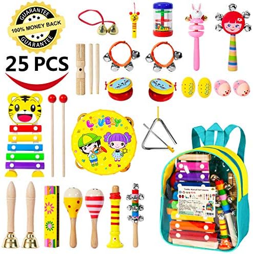 Toddler Musical Instruments-25 PCS 17 Types Wooden Percussion Instruments Toy for Kids Musical Toys for kids Musical Toys Set for Boys and Girls with Storage Bag