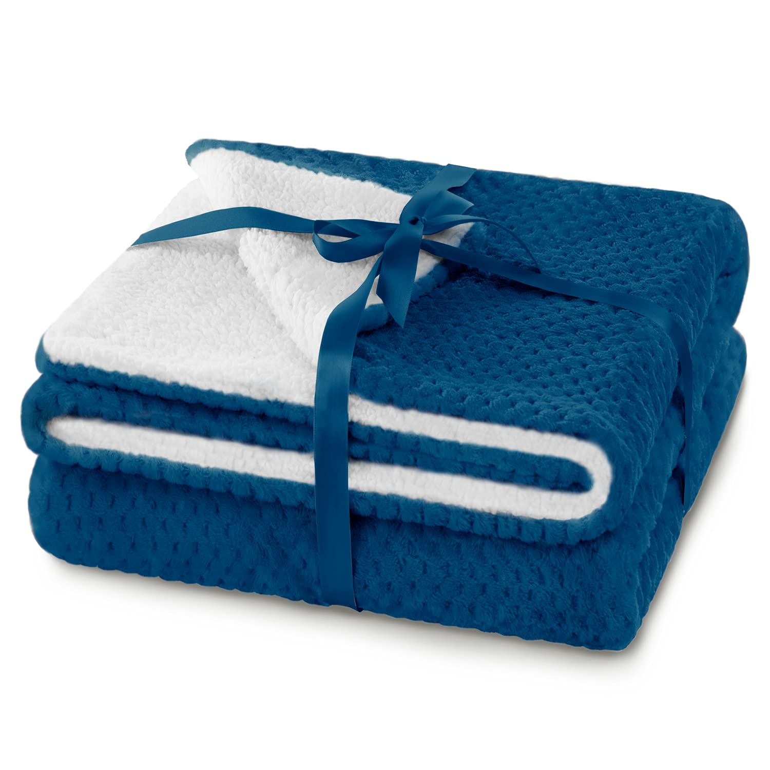 AmeliaHome Cuddly Blanket 70 x 150 cm Delicate Quilted Sherpa Lambskin Look Blanket Shleepy Indigo