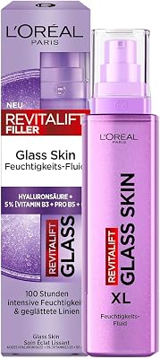 L'Oréal Paris Glass Skin Feuchtigkeits-Fluid, für aufgepolsterte & glowy Haut, mit Hyaluronsäure + 5% [Vitamin B3 + Pro B5 + C], Anti-Aging Gesichtsfluid, [Amazon Exclusive] Revitalift Filler, 70ml
