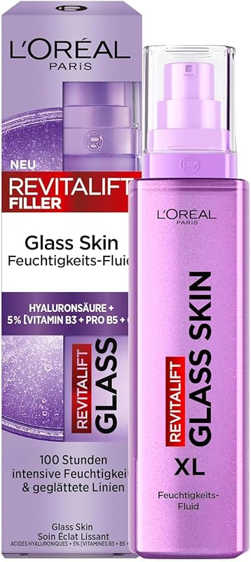 L'Oréal Paris Glass Skin Feuchtigkeits-Fluid, für aufgepolsterte & glowy Haut, mit Hyaluronsäure + 5% [Vitamin B3 + Pro B5 + C], Anti-Aging Gesichtsfluid, [Amazon Exclusive] Revitalift Filler, 70ml