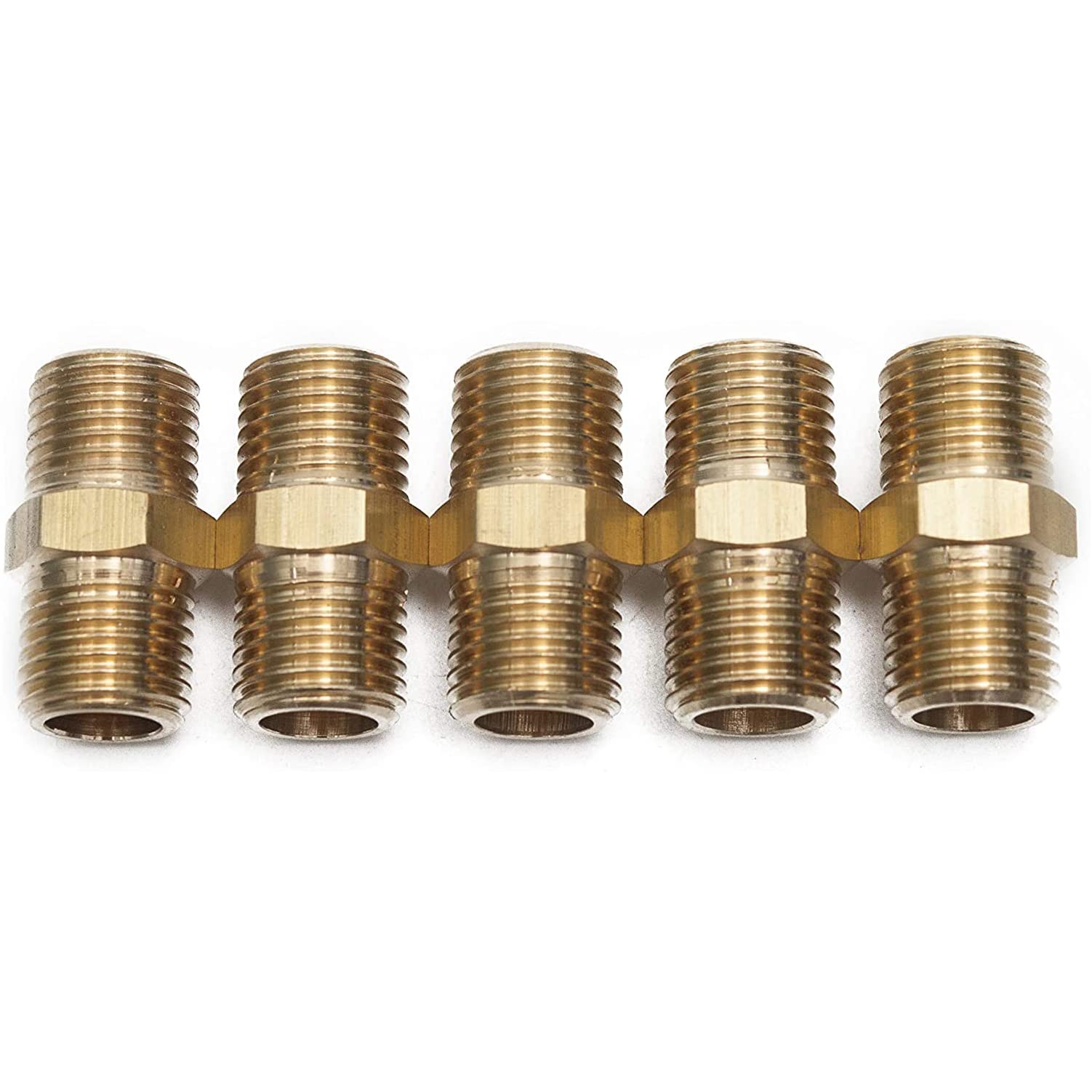 LTWFITTING 1/4 Male BSPT Brass Pipe Hex Nipple Fitting for Air Fuel Water (Pack of 5)