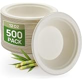 Goodluck 500 Pack Natural Brown 12 oz Compostable Sugarcane Soup Bowls | Heavy Duty Bagasse Disposable Paper Bowls, Microwave Safe Bowls for Soup, Salad, Cereal, Party &amp; Catering