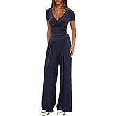 Darong Women's 2 Piece Lounge Fall Outfits Sets Warp V Neck Short/Long Sleeve Shirts and Wide Leg Pants Casual Matching Sets