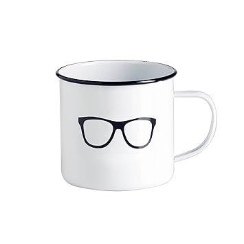 Emaille Tasse - Kaffee Becher - Tasse weiß / schwarzes Design Fahrrad, Sonne, Retro-Brille – Vintage Tasse groß / robust – 50
