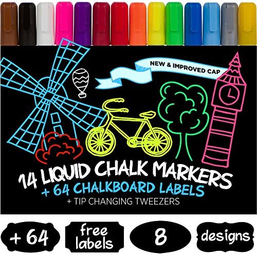 CASELAST Premium Liquid Chalk Markers - 14 Pack + 64 Chalkboard Labels - Artist Quality Erasable Neon Color Pens Including Gold &amp; Silver - Reversible 6mm Bullet &amp; Chisel Tips - New Improved Cap