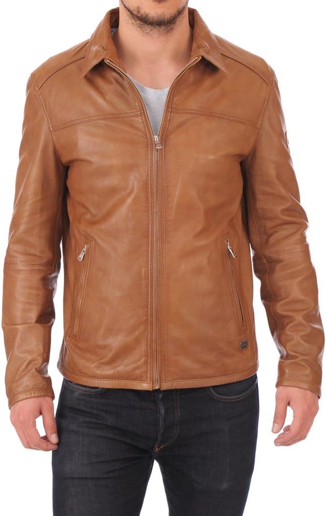 Leather Scan Men's Lambskin Leather Bomber Biker Jacket Large Tan