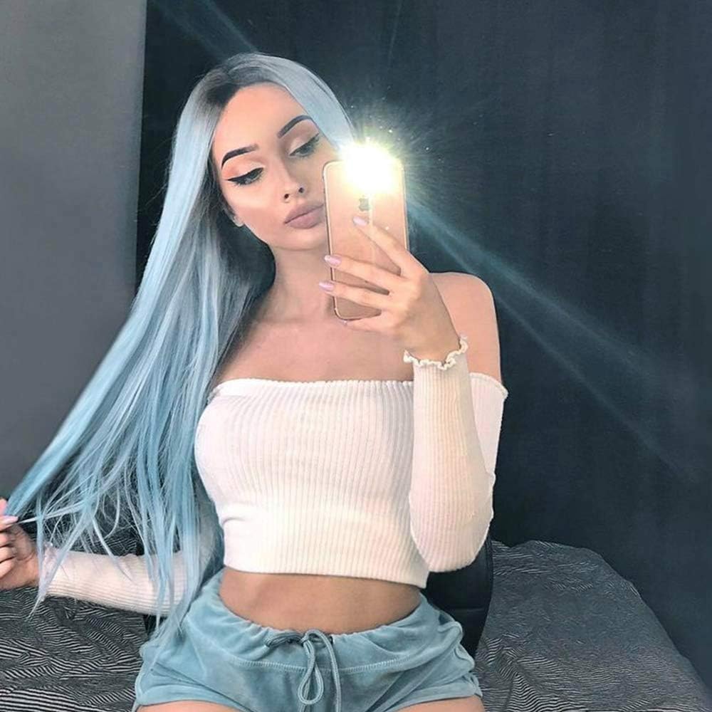 AISI HAIR Long Straight Ombre Wig for Woman Light Blue Black Roots Heat Resistant Fiber Full Wigs Long Middle Part Wig