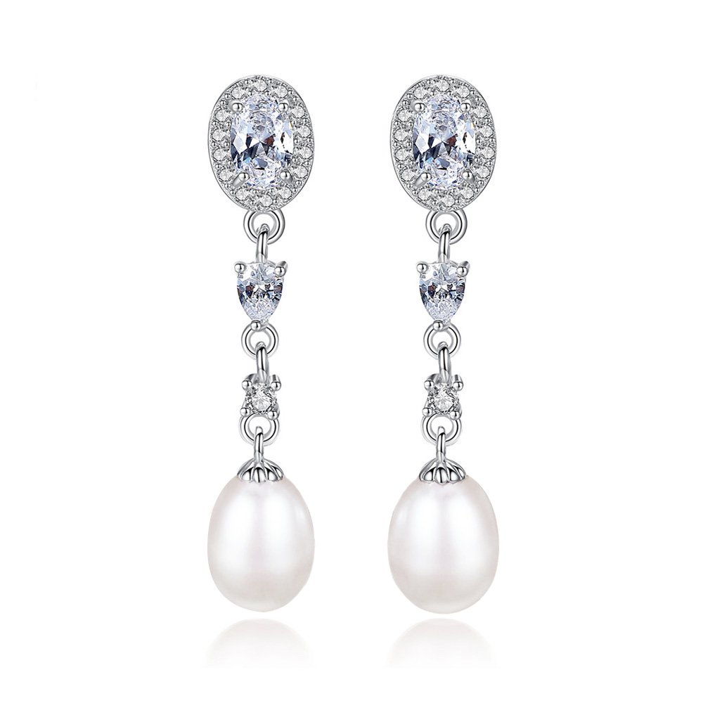 KEETEEN 925 Sterling Silver Crystal 8-9mm Freshwater Pearl Teardrop Dangle Bridal Earrings Betrothal Jewels (white)