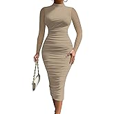 MOEENCN Women's Sexy Bodycon Midi Dress Birthday Outfits Sheer Mesh High Neck Ruched Date Night Club Party Dresses
