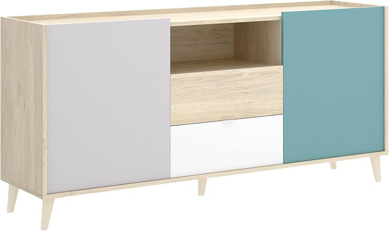 NOVA - APARADOR DE 2 PORTAS COM 2 GAVETAS COM ARRUMAÇÃO -75X155X43 cm - BRANCO / NATURAL / CINZENTO / ESMERALDA