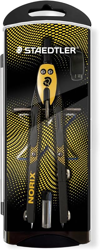 Conjunto de Bússolas NORIX de Ajuste Rápido, bolha com 2 lápis HB, borracha e apontador individual, amarelo