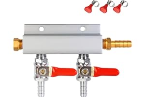 FERRODAY 2 Way Gas Manifold 5/16" Barbed Integrated Check Valves CO2 Distributor Independent Shut Off 2 Way CO2 Manifold Gas Distributor for Home Brew Beer Gas Manifold Kegerator Manifold + 3 Clamps