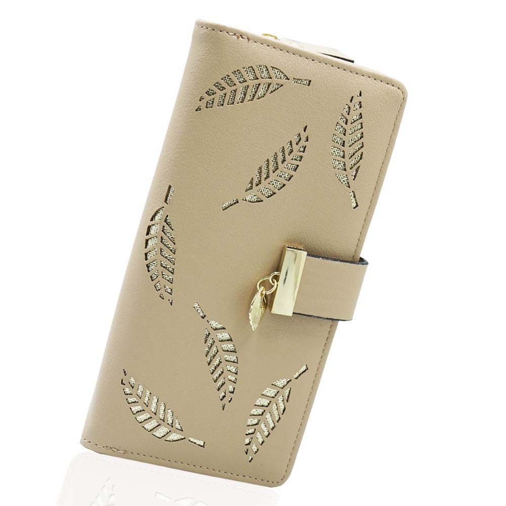 Molylove Women's Leather Wallet Purse Hollow Leaf Pattern Zipper Handbag Button Clutch Bag (apricot)