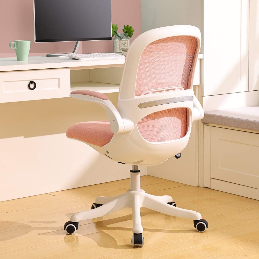 BERLMAN Ergonomic Mid Back Mesh Office Chair with Flip-up Arms and Adjustable Height Desk Chair Anchor Chair Student Chair (White&Pink)