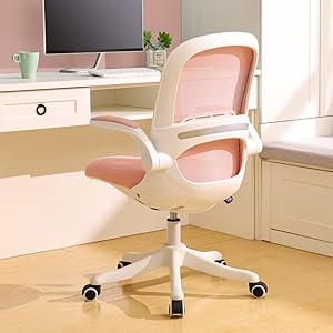 BERLMAN Ergonomic Mid Back Mesh Office Chair with Flip-up Arms and Adjustable Height Desk Chair Anchor Chair Student Chair (White&Pink)