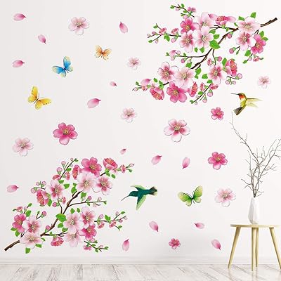 Buy Supzone Pink Cherry Blossom Wall Decal Peach Blossom Wall Sticker Floral Butterfly And Birds Wall Decor Flower And Tree Branch Wall Art Diy Vinyl Mural For Girls Kids Nursery Bedroom Living