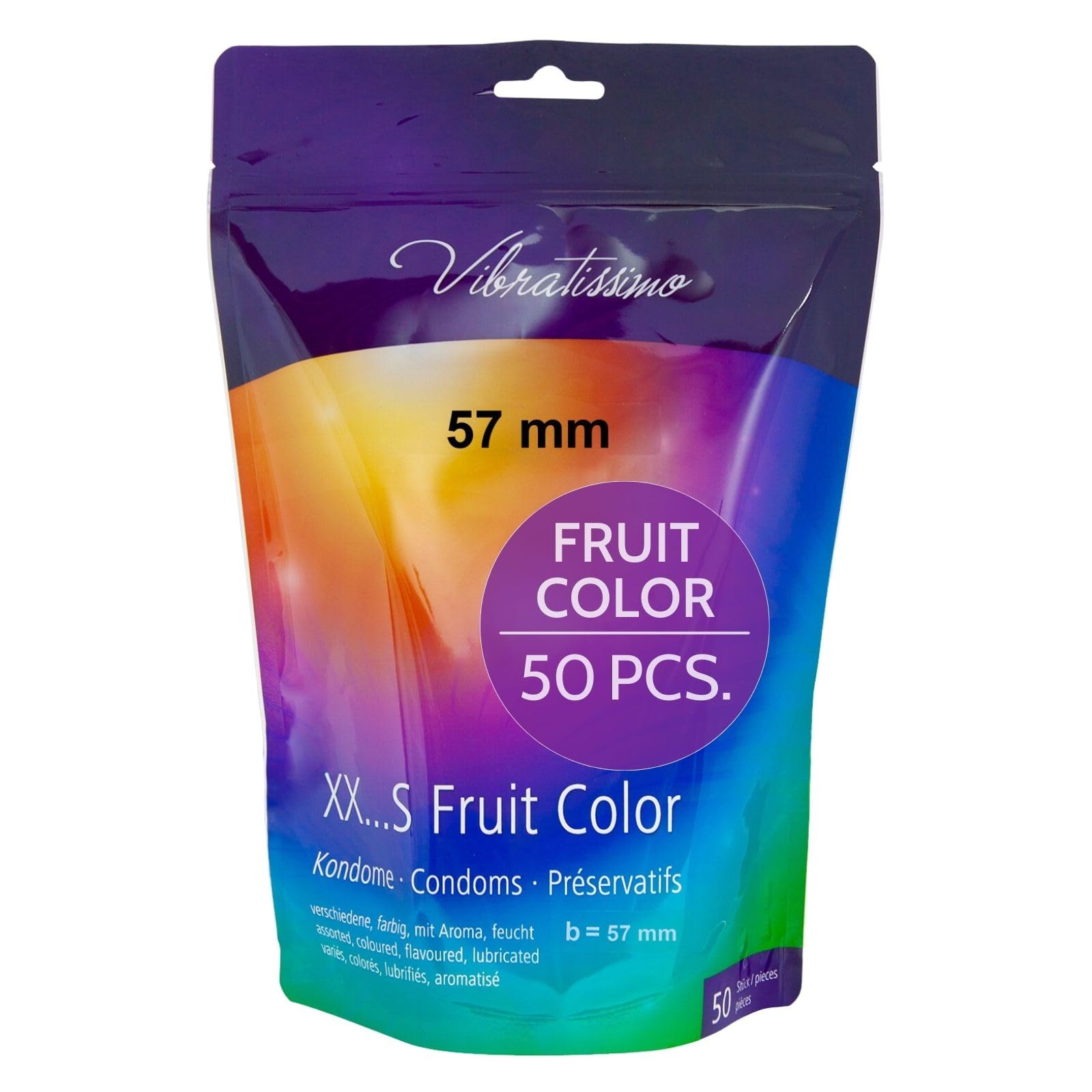 VIBRATISSIMO Fruit Coloured Condoms 50-Pack I Feel-Real & Extra Lubricated I for Men I Resealable Condoms Bag I Ultra-Thin I w=57mm