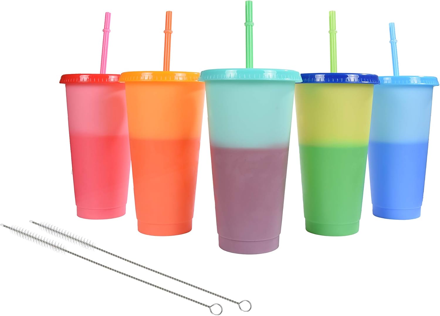 Jerty Color Changing Cups with Lids and Straws with 2 Straw Cleaning Brushes, 24 oz Reusable Plastic Color Changing Tumblers, Set of 5