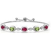 Gem Stone King 925 Sterling Silver Red Ruby and Green Peridot Bracelet For Women | 4.80 Cttw | Gemstone July Birthstone | Oval 7X5MM | Fully Adjustable 9 Inch