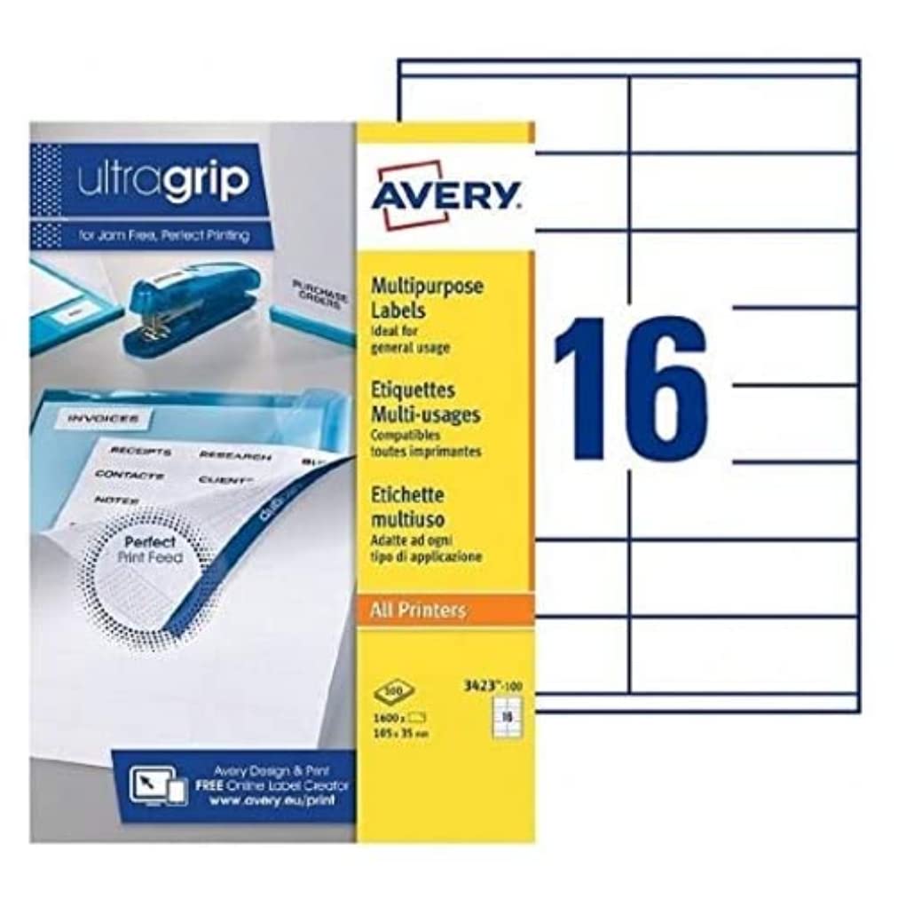 Avery 3423-100 White Multi-Use Labels for Laser Inkjet Printer and Photocopier 105x35 mm Box of 1,600 Labels