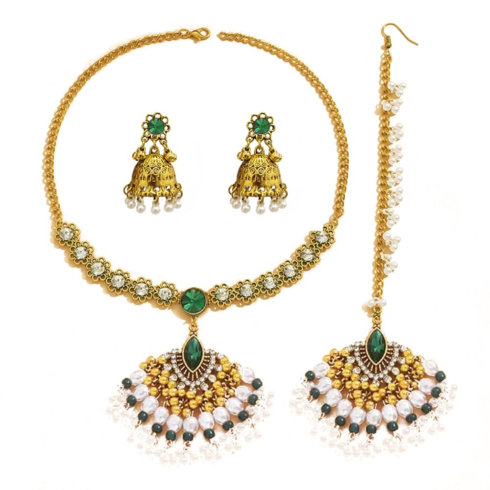 Photo 1 of Indian Jewelry Set For Women Bollywood Antique Rhinestone Jhumka Tassel Jewellery Wedding Outfits Choker Necklace Earrings Bridal Maang Tikka Fancy Party Dance Accessories Traditional Gift (Green)