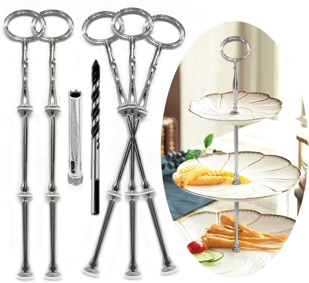 AnyasenCake Stand Fittings Kits 3/5 Sets 3 Tier Oval Cake Stand Fruit Cake Plate Handle Fitting Hardware Rod Stand Holder (Plates Not Include) (Silver, 5 pieces)