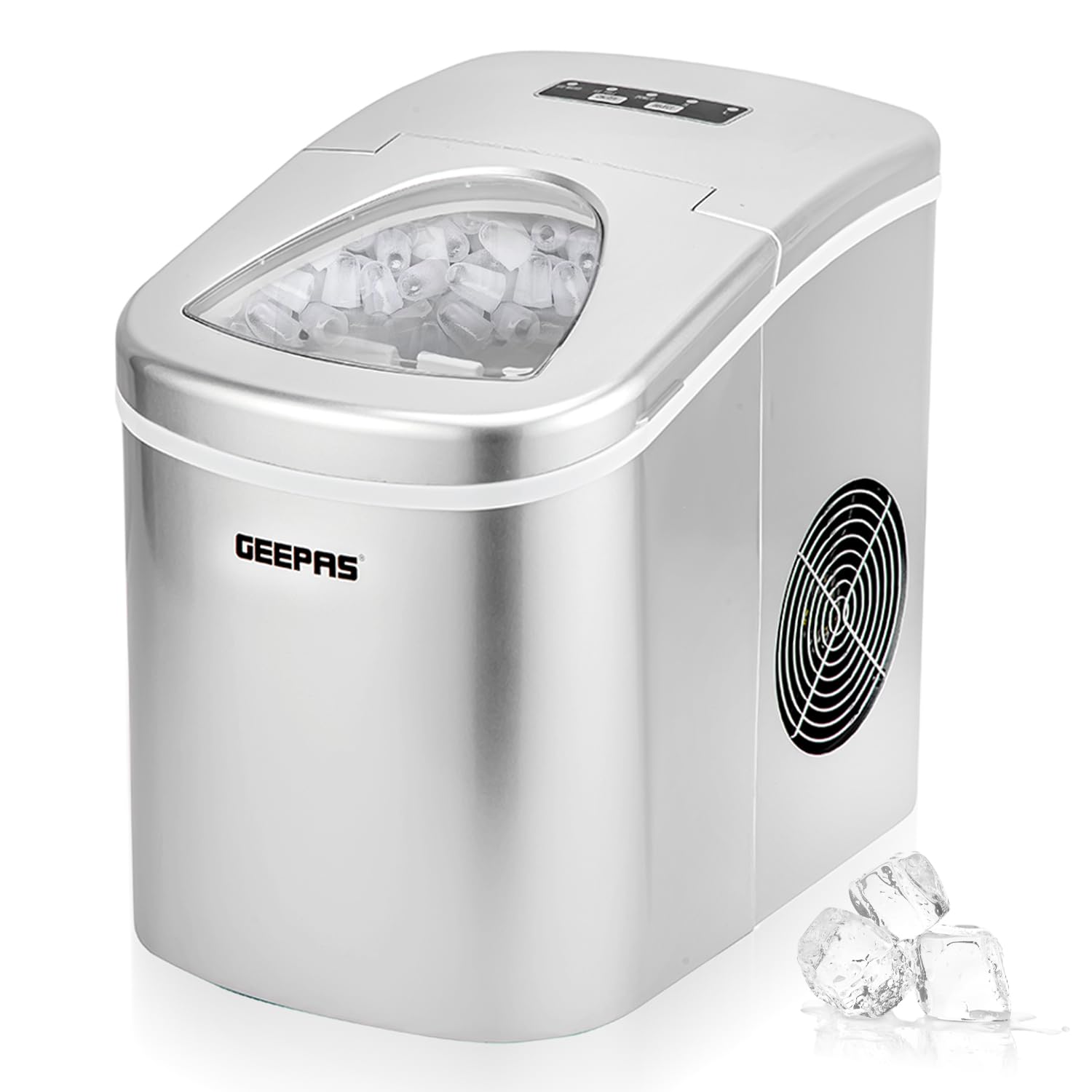 Geepas Ice Cube Maker | Compact Portable Countertop Ice Maker Machine Two Sizes, Produces 12kg Ice in 24 Hours | 2.2L Tank, Automatic & Silent Functioning | Includes Scoop & Removable Basket Silver