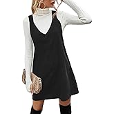 Koinshha Women V Neck Corduroy Overall Dress Casual Loose Short Pinafore Dresses Cute Mini Jumper Dress