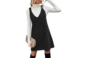 Koinshha Women V Neck Corduroy Overall Dress Casual Loose Short Pinafore Dresses Cute Mini Jumper Dress