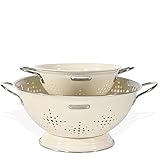 Metal Colander 2 Pack, Strainer Bowel with Handles 2Qt &amp; 6Qt Powder Coated Solid Ring Base Heavey Duty Kitchen Drainer Basket for Pasta Veggies and Fruits,New Home Apartment Essentials (Almond Cream)