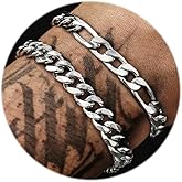 ZNBOH 2Pcs Stainless Steel Bracelets for Men 14K Gold Plated Cuban Link Figaro Rope Silver Chain Bracelet Set Curb Width Sturdy Bracelet 7.5/8.3/9 Inches Jewelry Gifts for Dad Husband