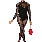 WEICHUJIAN Women's Sexy Lace Mesh Jumpsuit One Piece Long Sleeve See Through Club Bodysuit