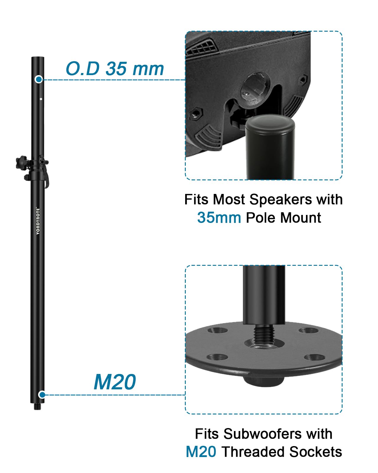 Set of 2 Speaker Pole for Subwoofer Height Adjustable Fits M20 Threaded Mount and 35mm Mount Speaker Extender