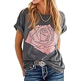 Womens Rose Graphic Tee T Shirt Loose Fit Summer Short Sleeve Casual Boyfriend Crew Neck Tops