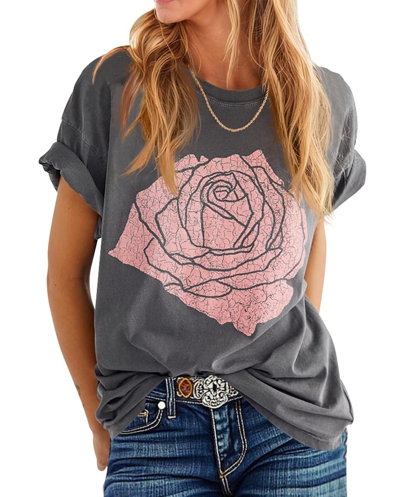 Photo 1 of ***(MINOR DAMAGE)***Womens Rose Graphic Tee T Shirt Loose Fit Summer Short Sleeve Casual Boyfriend Crew Neck Tops