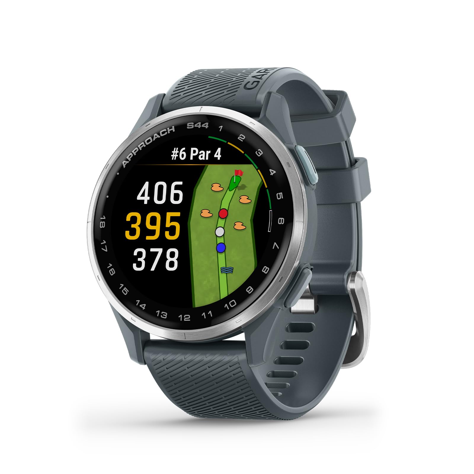 Photo 1 of (used) Garmin Approach® S44, Essential Golf GPS Smartwatch, AMOLED Display, On-Course Features, Silver Aluminum Bezel with Twilight Silicone Band 