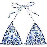 WDIRARA Women's Boho Triangle Halter Bikini Tops Floral Tie Back Smocked Swimsuit Top