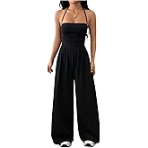 Verdusa Women's Halter Wide Leg Jumpsuits Y2k Ruched Tie Backless One Piece Sleeveless Rompers