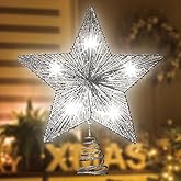 LAMPHOME 11" 10 LED Lighted Silver Glitter Thread Christmas Star Tree Topper, Lighted Star Christmas Tree Topper, Cool White