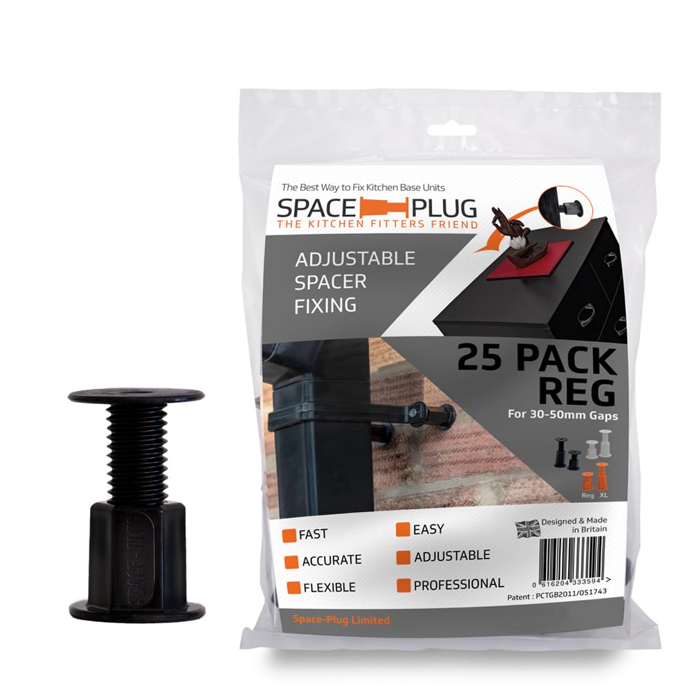 Space-Plug Adjustable Spacer Fixings (Regular size for 30-50mm gaps), 25 Pack of Black Spacers, Professional & DIY use for kitchen, bedroom, bathroom & furniture installations