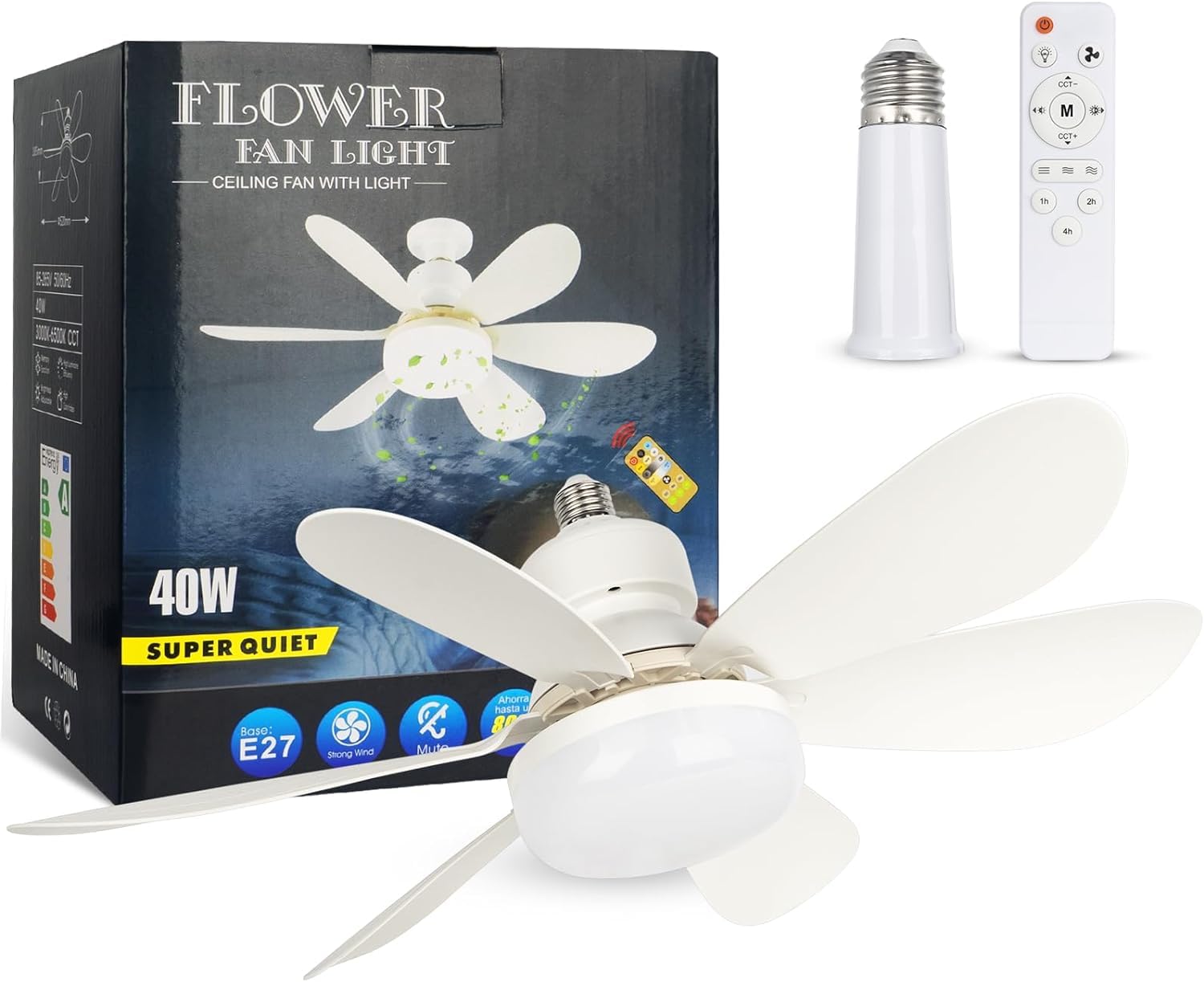 DGE E27 Socket Fan Light, Remote Silent Fans with Dimmable LED Light Bulb, Screw in Fan and Light Combo Wireless for Garage Kitchen Bedroom Balcony Living Tools Store Laundry Room [Energy Class A]