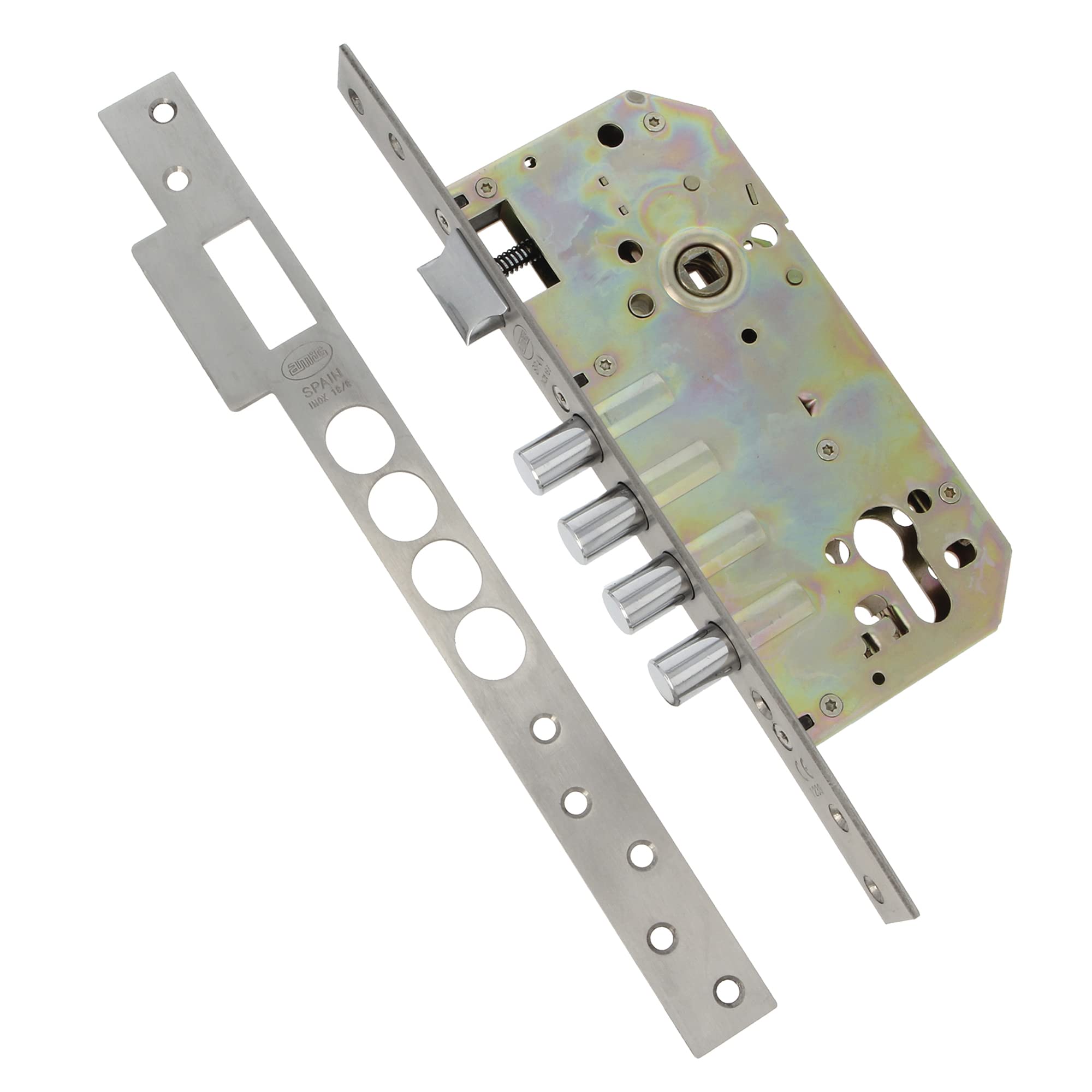 Amig - Embossing Lock with Bolts for Wooden Doors Mod. 100 | 50/85 mm | with Cylinder and Safety Shield | Reversible Lever | Matte Stainless Steel