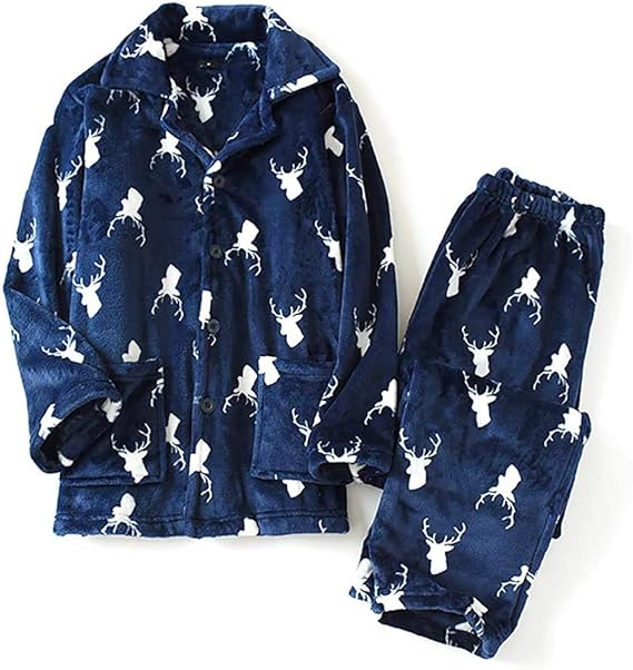 Amazon メンズ パジャマもこもこ冬 寝巻きあったか上下セット メンズ部屋着ルームウェア 衿付き紳士 長袖 前開き 大きいサイズ 厚手柔らか 秋冬フランネル ポケット付き ふんわりナイトウェア Blue L パジャマ 通販